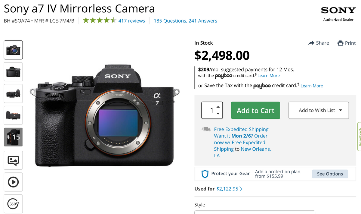 Kai Cenat's camera, which is a Sony a7 IV Mirrorless Camera, found on BH Photo for $2,498.